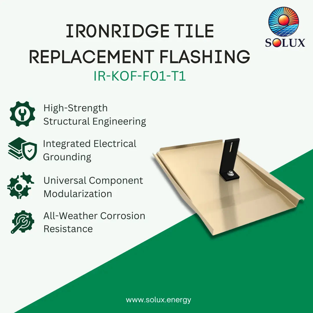 SOLUX IRONRIDGE TILE REPLACEMENT FLASHING product graphic for IR-KOF-F01-T1, showing a beige metal flashing piece with a black bracket on a white and green background with feature callouts.